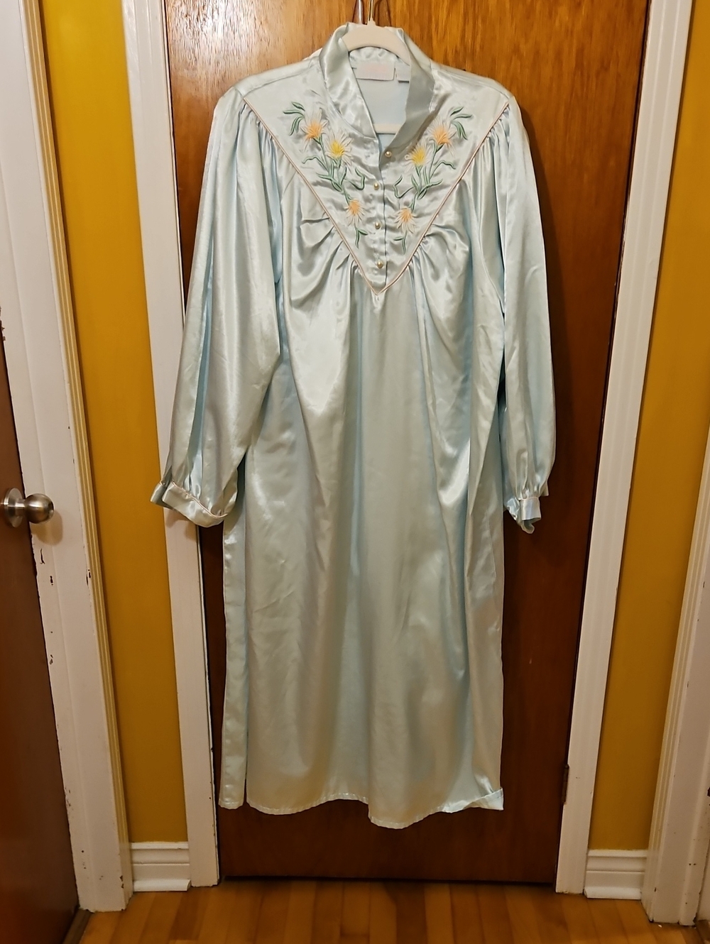 Women's Light Blue Satin Nightgown with Floral Embroidery